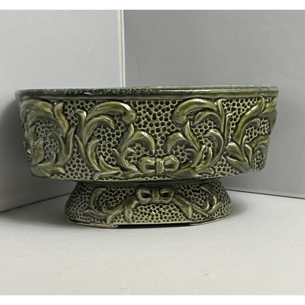 MCM Planter Vase Vintage 1950's Pedestal Ceramic Gloss‎ Green Raised Design